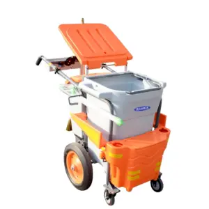 Commercial Janitorial Trolley Cleaning Cart Outdoor | Hand Push Cleaning Trolley with Brake