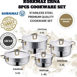 Korkmaz Erna 8pcs Stainless Steel Cookware Set - Golden Handle