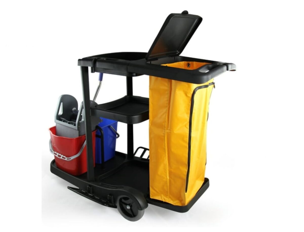 Multi Function Black Janitorial Cart with Double Bucket Trolley - Image 1