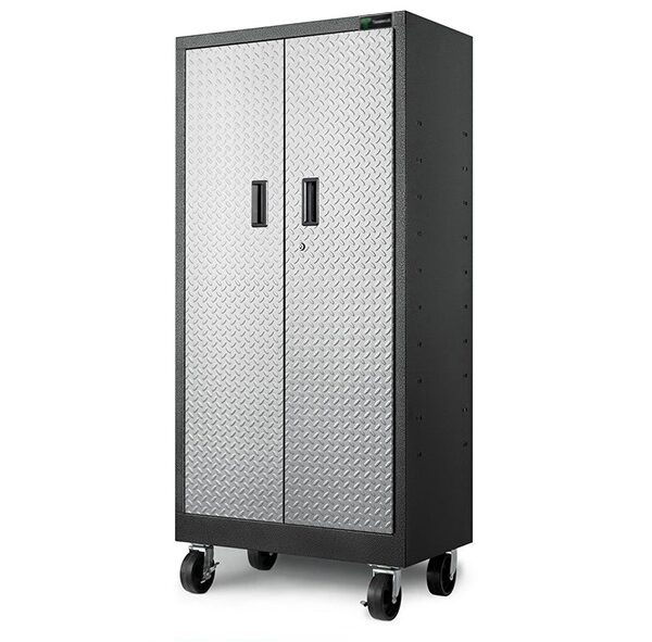 Heavy Duty 90cm Warehouse Cabinet with Chequered Door & Wheels - Black/Gray