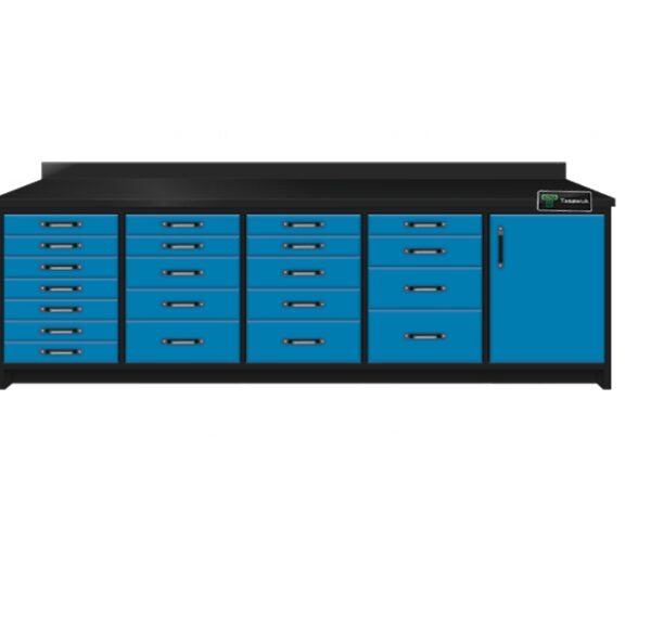 Heavy Duty 200cm Custom Metal Workbench with 21 Drawers - Blue