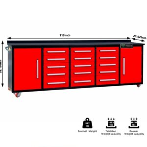 Heavy Duty 200cm Custom Metal Workbench with 15 Drawers & Wheels - Orange
