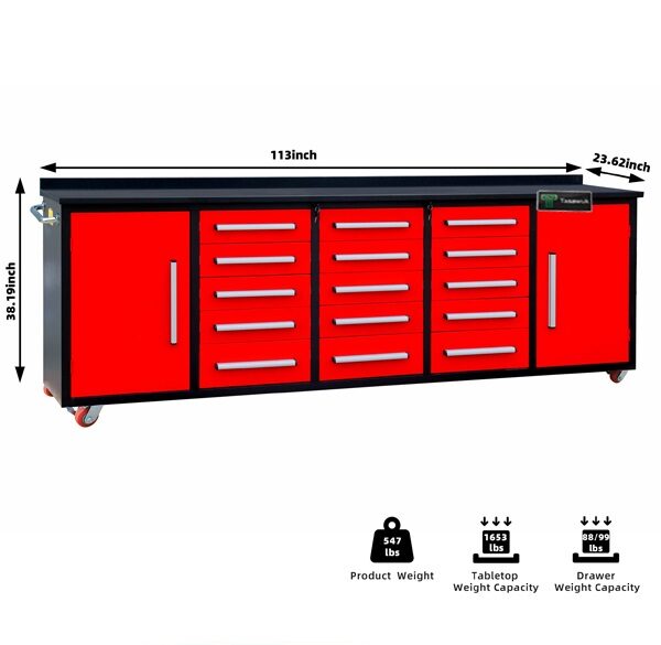 Heavy Duty 200cm Custom Metal Workbench with 15 Drawers & Wheels - Orange