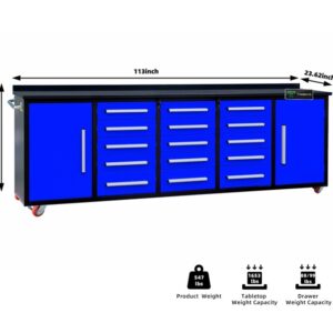 Heavy Duty 200cm Custom Metal Workbench with 15 Drawers & Wheels - Blue