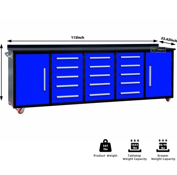 Heavy Duty 200cm Custom Metal Workbench with 15 Drawers & Wheels - Blue