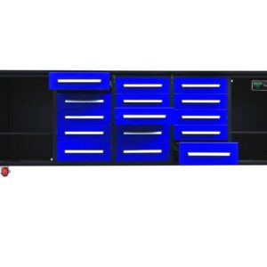 Heavy Duty 200cm Custom Metal Workbench with 15 Drawers & Wheels - Blue