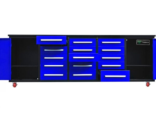 Heavy Duty 200cm Custom Metal Workbench with 15 Drawers & Wheels - Blue