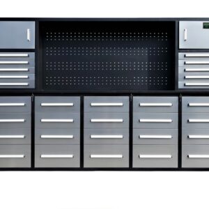 Heavy Duty 300cm Custom Metal Workstation with 30 Drawers & Pegboard - Grey
