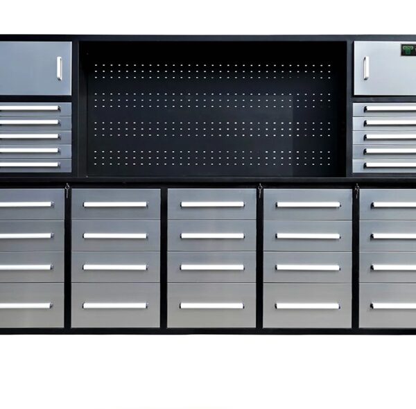 Heavy Duty 300cm Custom Metal Workstation with 30 Drawers & Pegboard - Grey