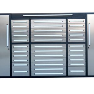 Heavy Duty 280cm Custom Metal Workstation with 33 Drawers & Cabinets - Grey