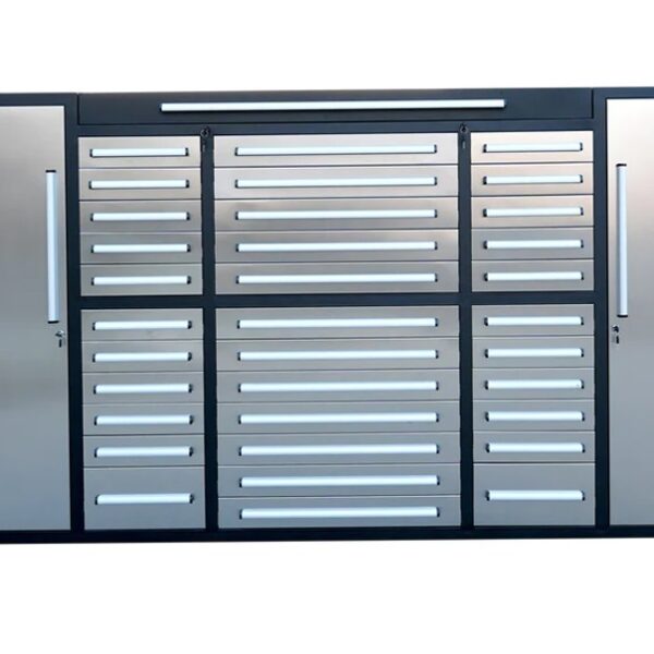 Heavy Duty 280cm Custom Metal Workstation with 33 Drawers & Cabinets - Grey