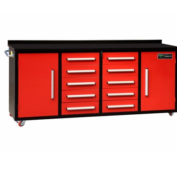 Heavy Duty 280cm Custom Metal Workbench with 10 Drawers & Cabinets - Orange